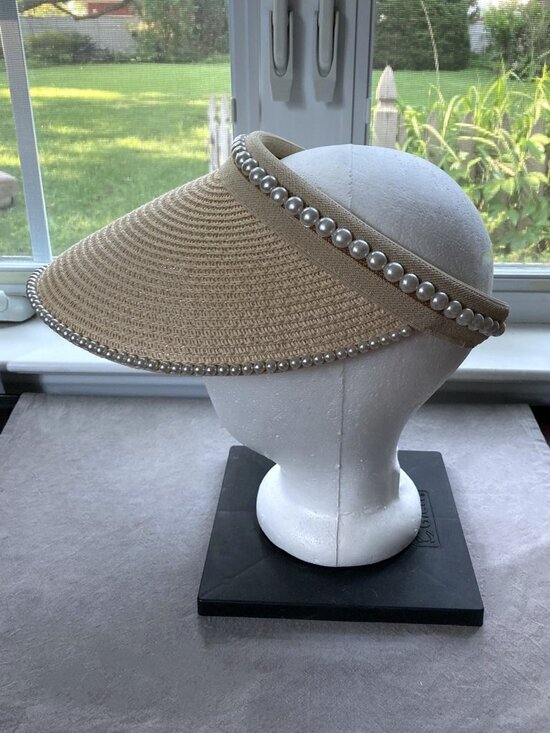 Renato Balestra, Italy, Paper Straw Visor, Faux Pearl Sun Hat, Resort Chic, Lux main image 6